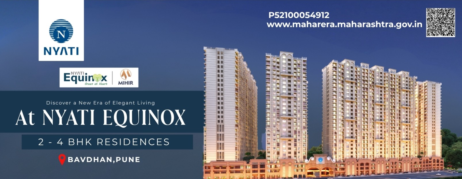 Architectural 3D render of Nyati Equinox Bavdhan Pune premium residential towers against a sunset sky background, highlighting luxury facades and landscaped entryways